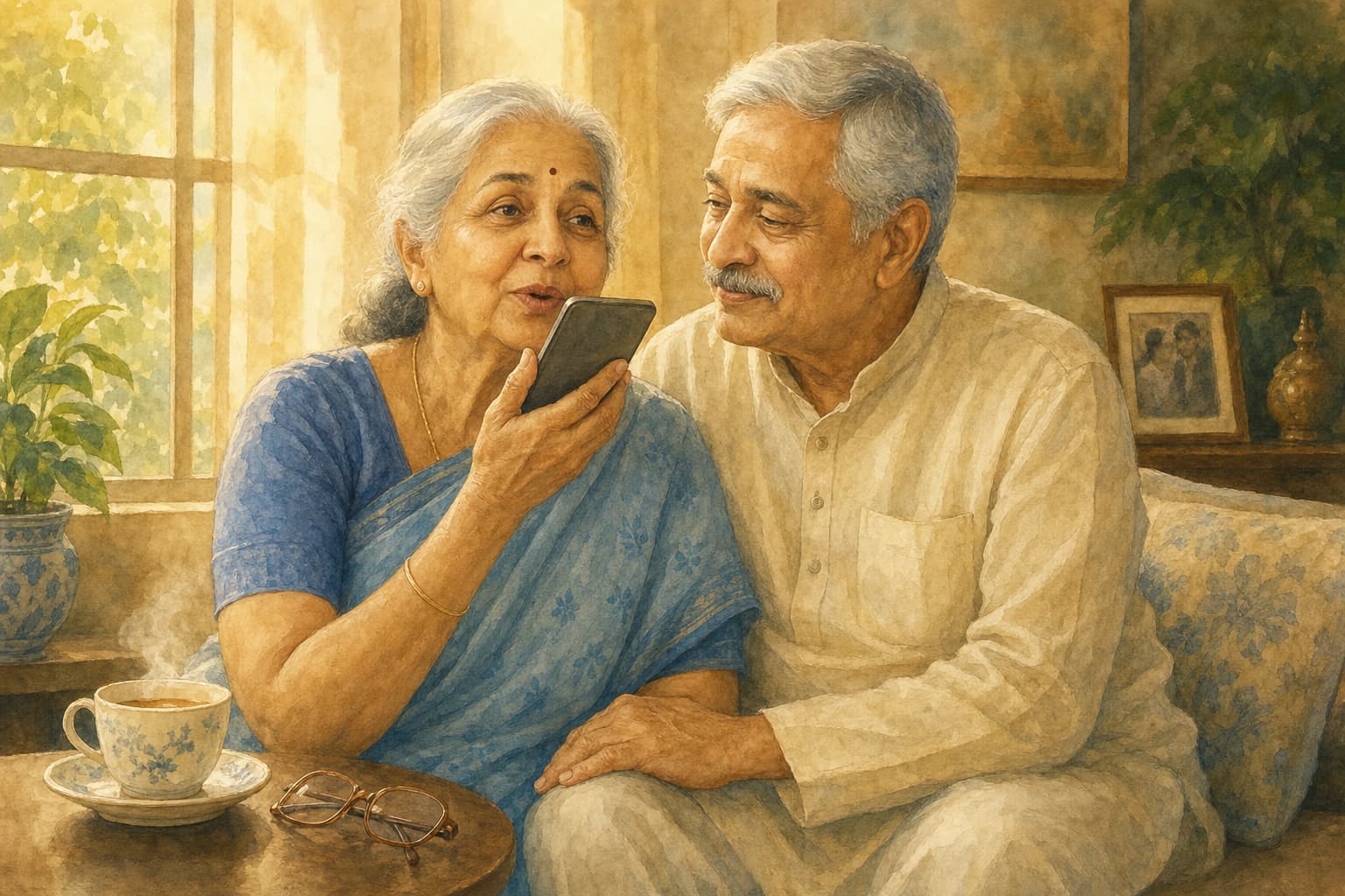 An elderly Indian mother speaks a story into her phone while her husband listens beside her at home.