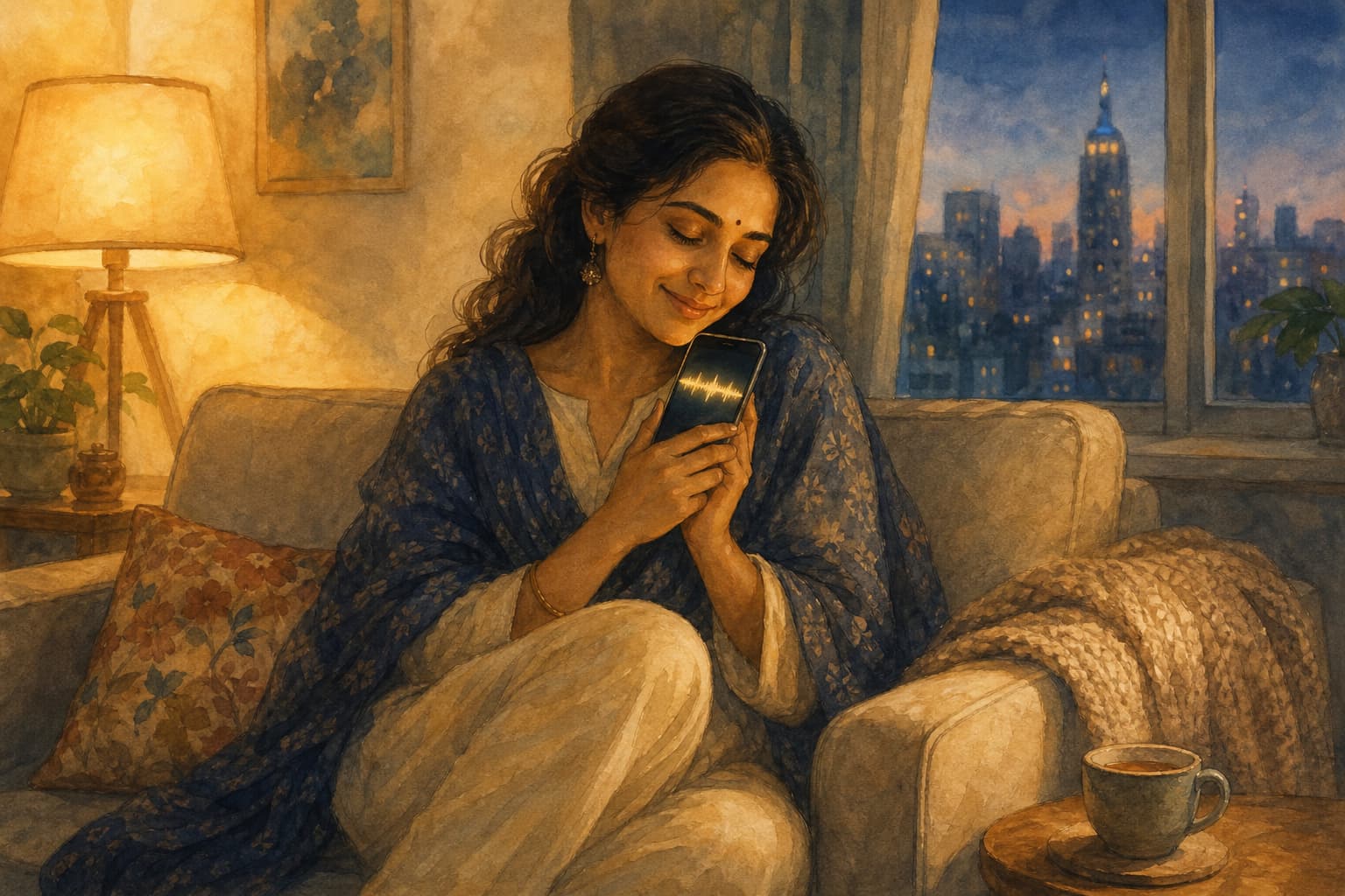 An adult daughter abroad listens to a voice note from her parents at dusk, a far-off city skyline behind her.