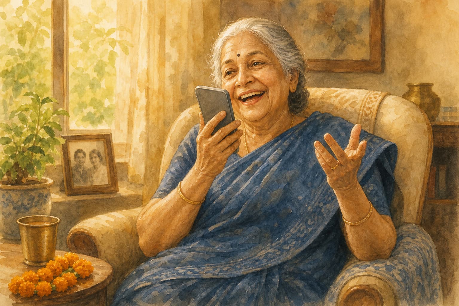 Watercolour illustration of a grandmother in an indigo sari laughing as she tells a story into her phone