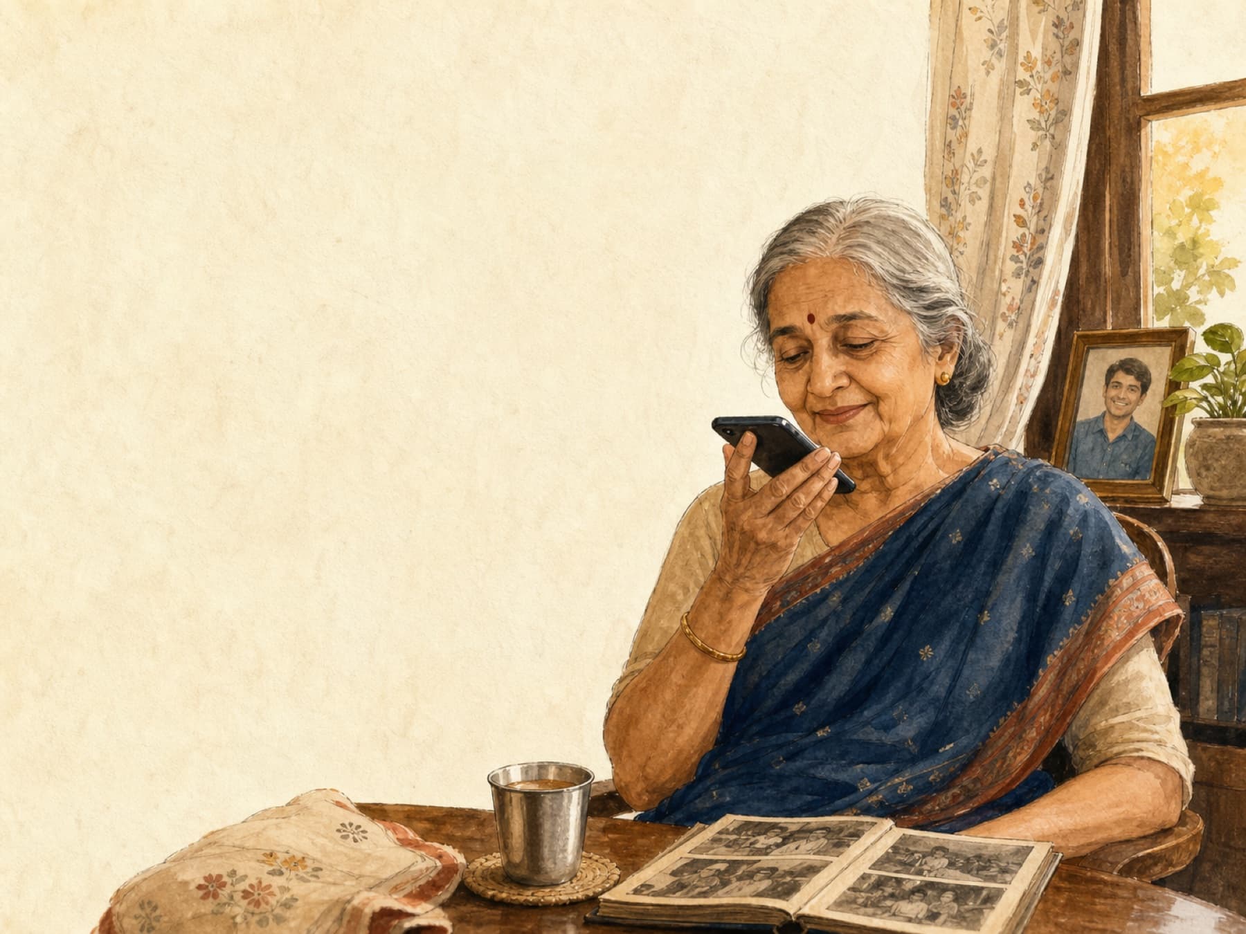 An Indian mother recording a family story as a WhatsApp voice note