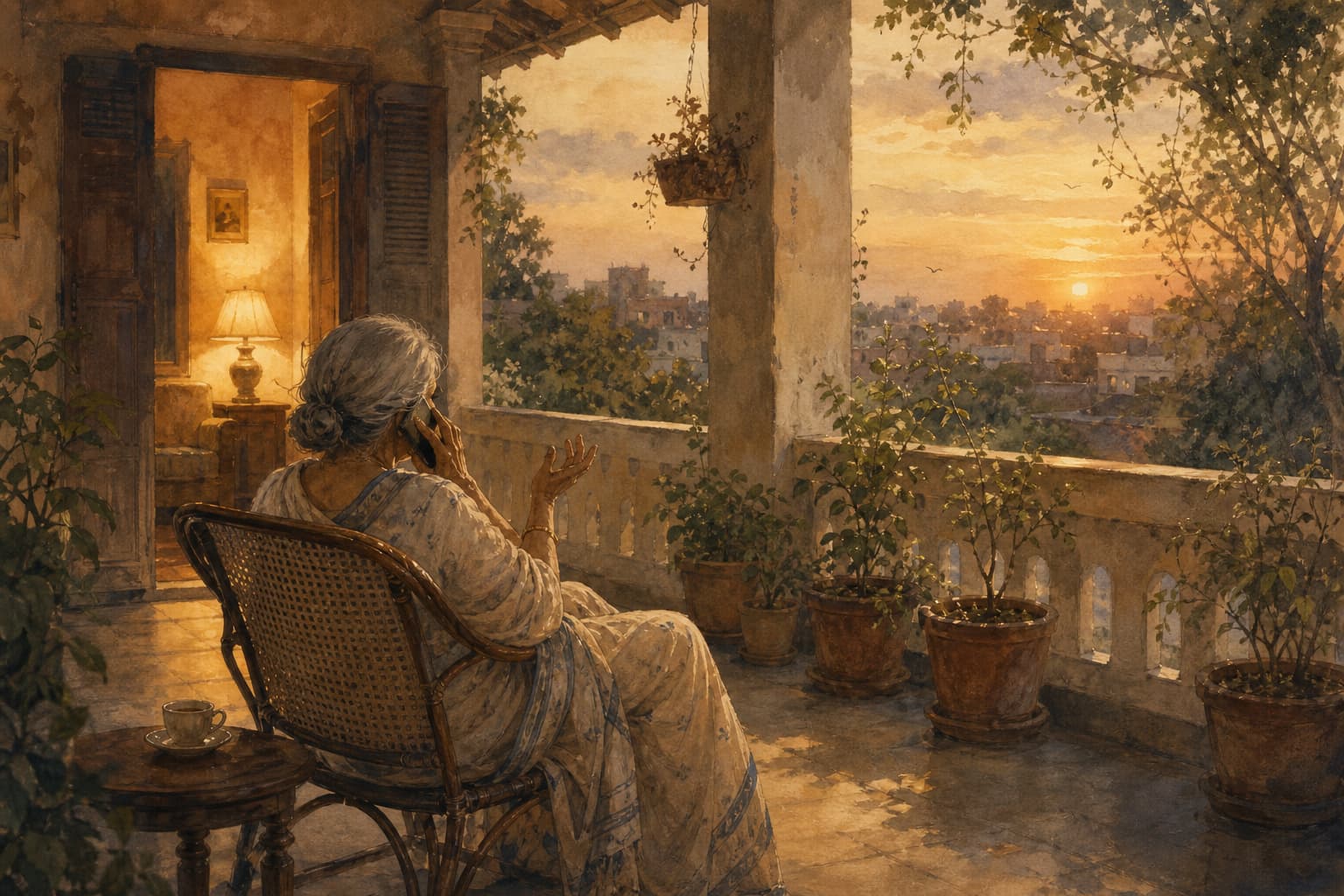 An elderly woman in a saree sits on a cane chair on a verandah at sunset, seen from behind, talking on the phone with one hand raised mid-story.